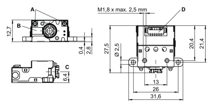 DCR50M2/R2 2D 條碼閱讀器的尺寸圖