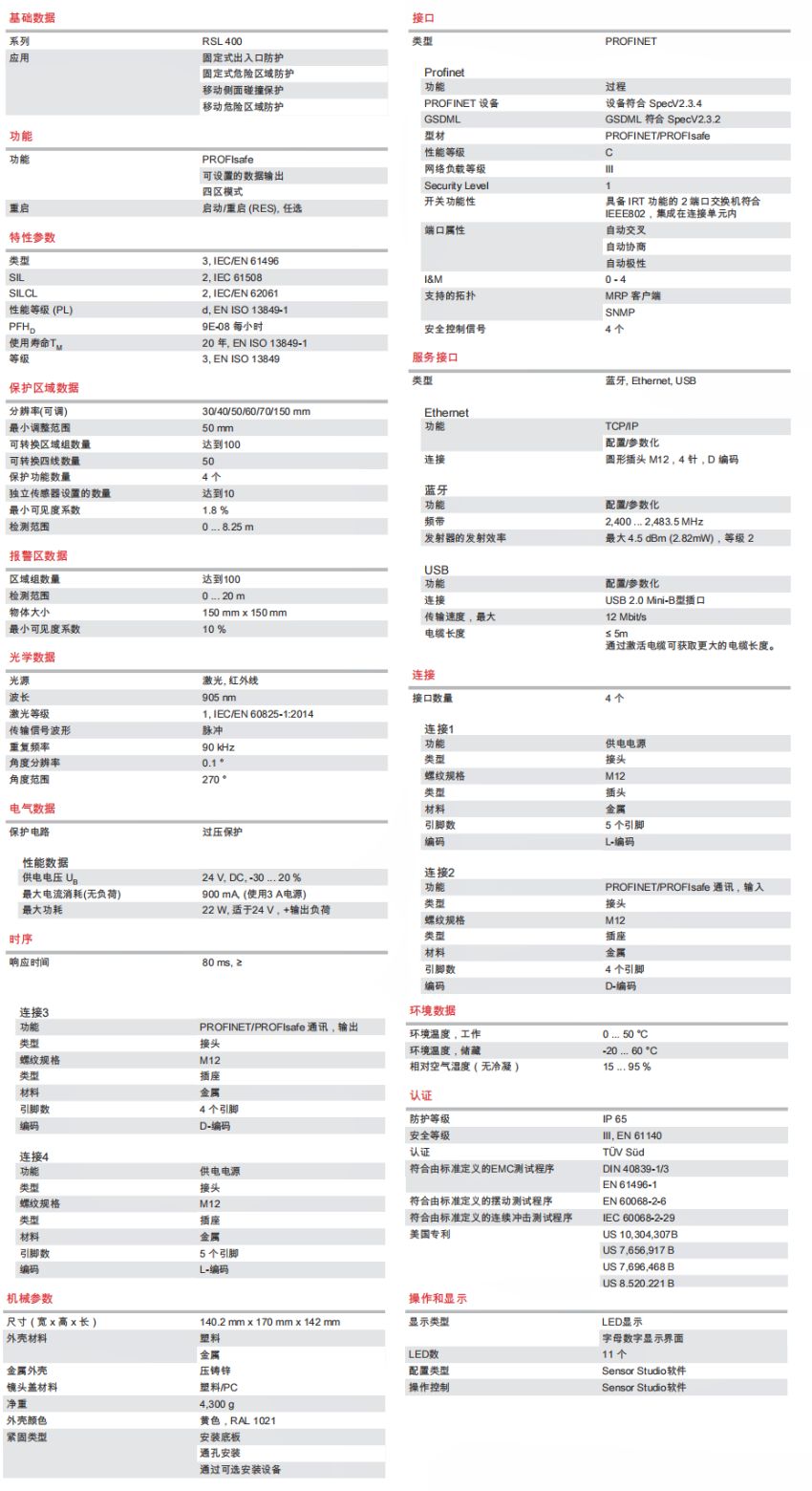 RSL450P-XL/CU400P-4M12 安全激光掃描儀的技術(shù)參數(shù)