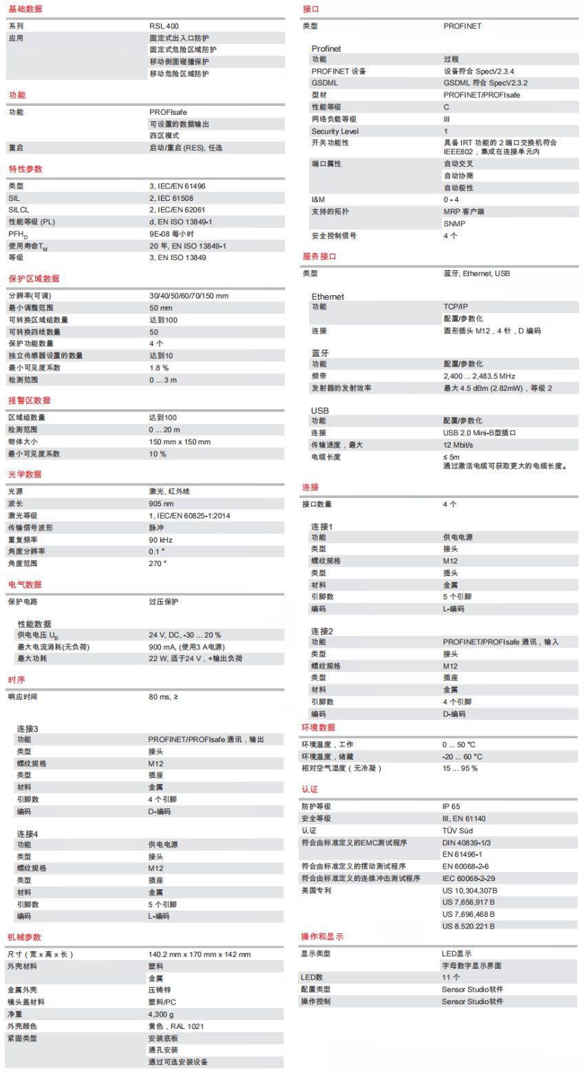 RSL450P-S/CU400P-4M12 安全激光掃描儀的技術(shù)參數(shù)